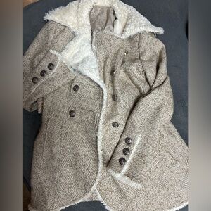 Women's Beige Tweed Coat with Faux Fur Lining